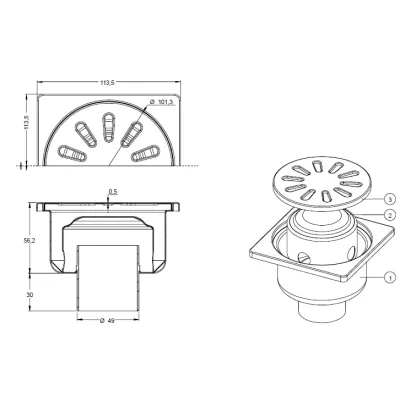 Трап із нержавіючої сталі 10*10см, вертикальний, D50
