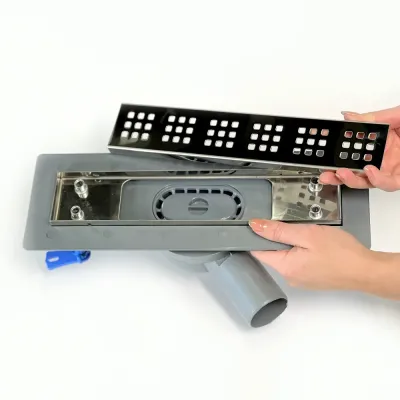 Зливний трап для душу з горизонтальним виходом, грати "квадрат" 33 см з горизонтальним фланцем
